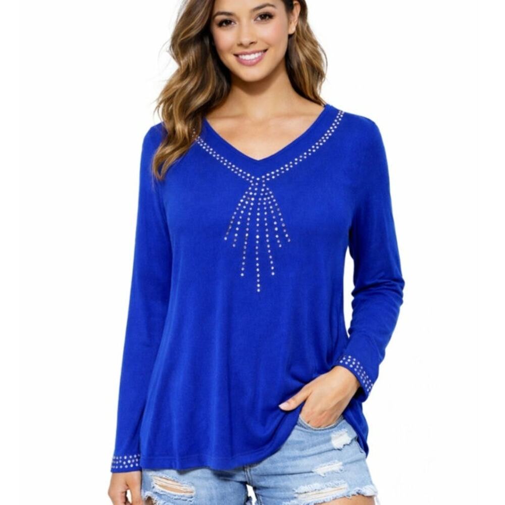 Quacker Factory Blouse Women's Size L Blue Rhinestones Liquid Knit Stretch Glam